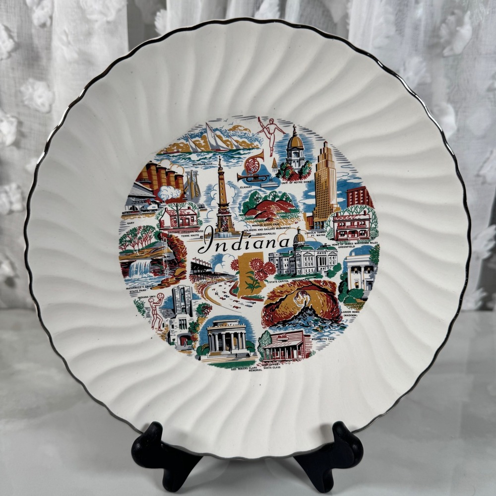 Vintage Indiana Landmark Souvenir Collector Plate Wavy Edge Silver Rim US Travel